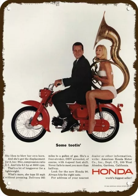 1964 Sexy Bikini Woman Rides HONDA 90 Motorcycle DECORATIVE REPLICA METAL SIGN