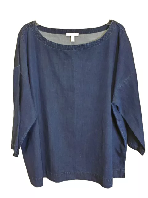 Eileen Fisher Blue Chambray Boat Neck Pullover Top XL Minimalist