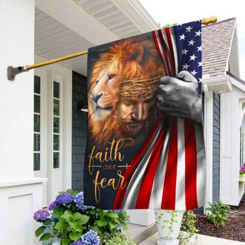 Faith Over Fear Cross Lion Of Judah Hope Love Christians HOUSE FLAG GARDEN FLAG