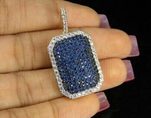 2Ct Round Simulated Blue Sapphire  Dog Tag Pendant 14K Yellow Gold Plated Silver