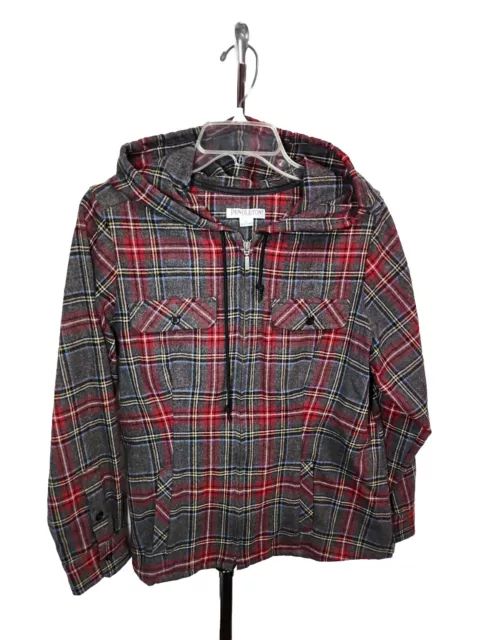 Pendleton Petite Womens Plaid Wool Shirt Jacket  Hoodie Pockets Full Zip Size L