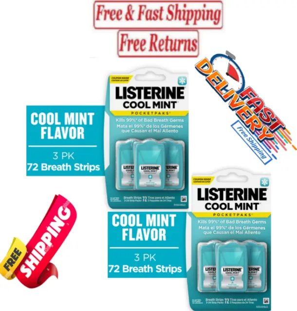 Tiras respiratorias Listerine Cool Mint PocketPaks cuidado oral spray respiratorio 24 quilates 3+3/6 piezas.