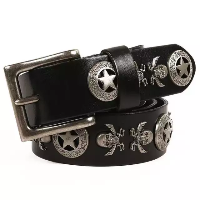 Real Leather Waist Belt Heavy Metal Skull Rivet Studded Punk Rock Biker Belt