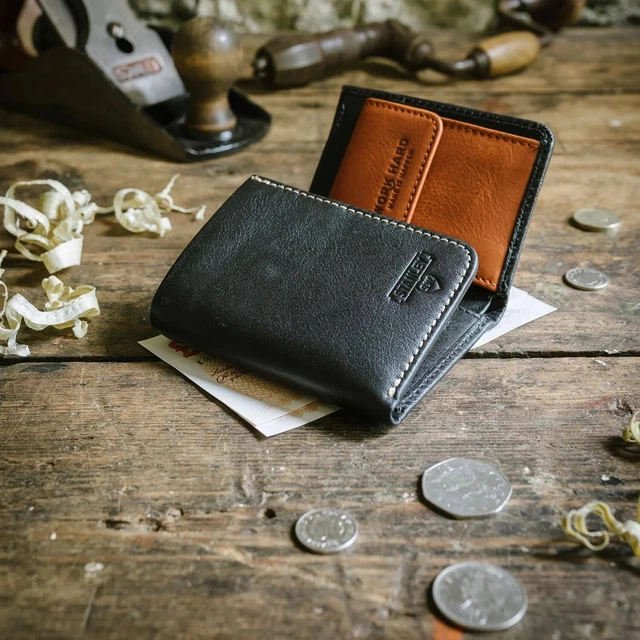 NEW STANLEY TOOLS Black & Tan Leather TriFold Wallet & Presentation