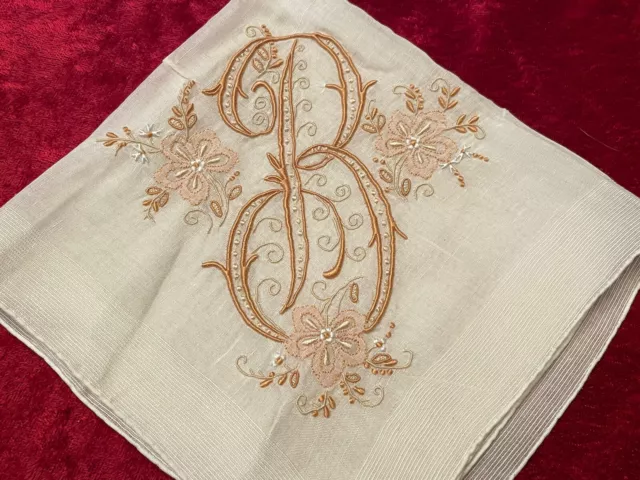 ELABORATE Vintage Madeira Handkerchief Monogram B Bridal Wedding Keepsake