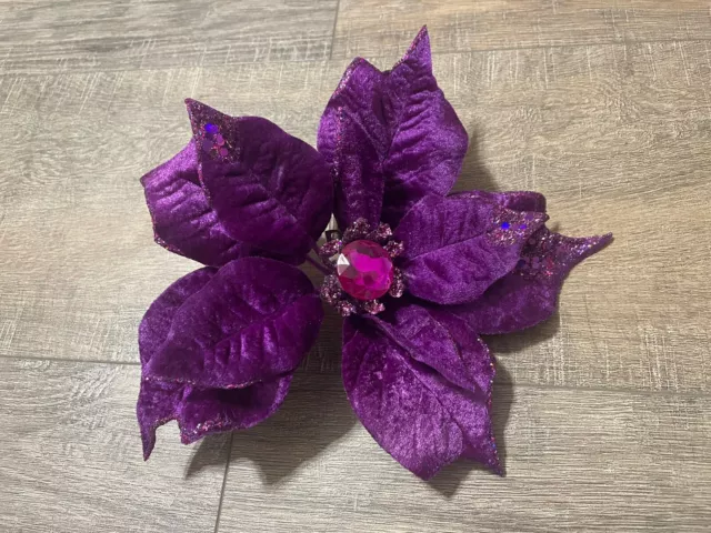 Pier 1 Imports Poinsettia 10" Purple Glitter Velvet Clip Christmas Ornament