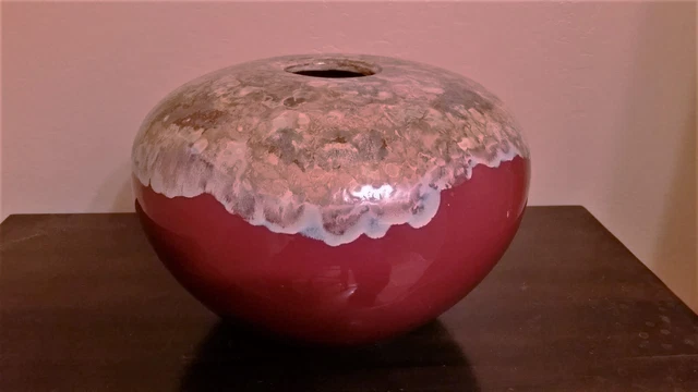 Large Mottled Multi Red Fire Pot Raku Style Art Vase Pottery Patio Signed TLA 82
