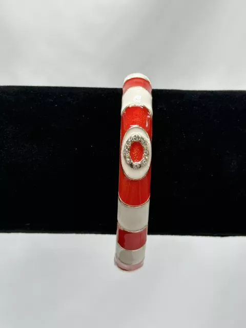 Enameled Bangle With Red And White On Gold Tone With Rhinestones Size 7.24