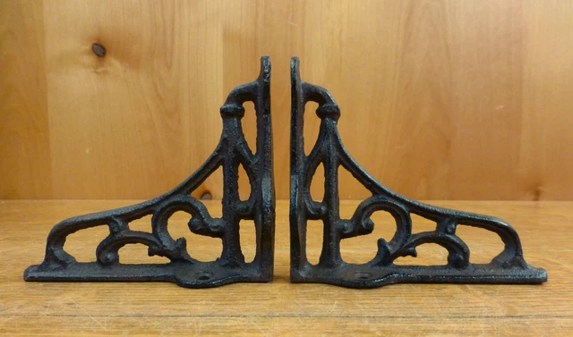 2 SMALL BROWN ANTIQUE-STYLE 4" CAST IRON SHELF BRACKETS garden rustic SCROLL