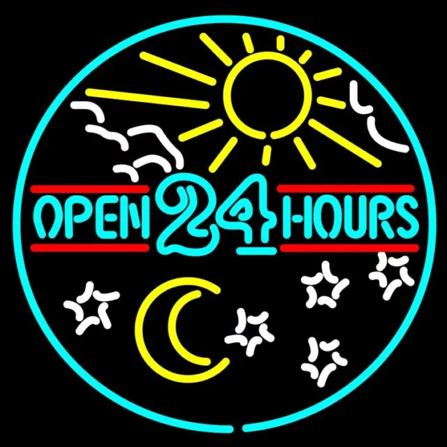 10" Vivid Open 24 Hours Sun Moon Stars Neon Sign Light Lamp Beer Bar Wall Decor