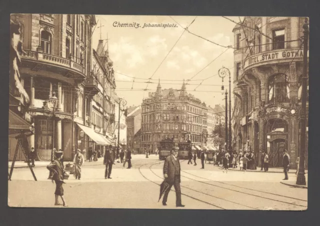 AK Chemnitz, Johannisplatz, Tram und Fußgänger, gel 1909