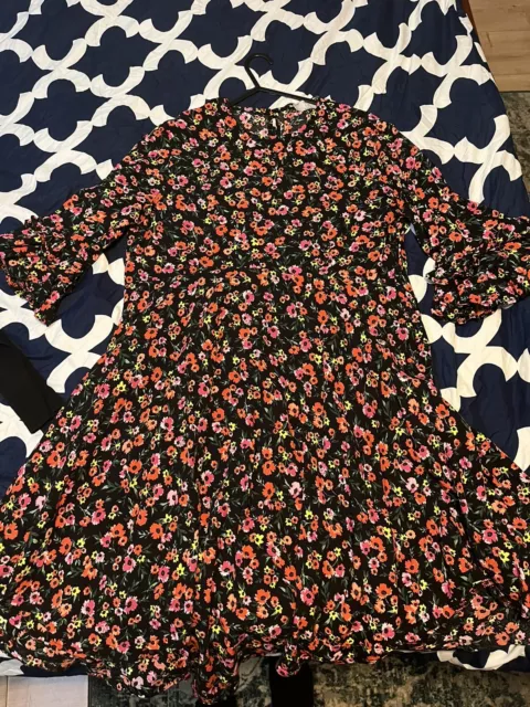 Asos Floral Dress Size 14 Midi Red Black Pink Frill Summer Spring