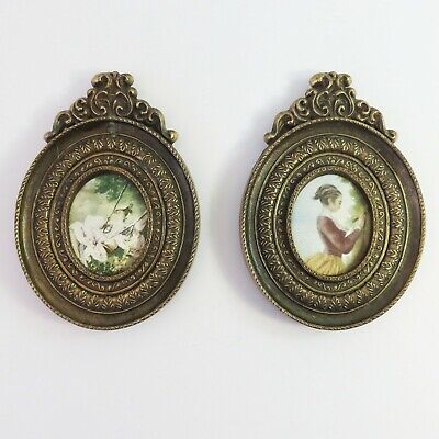 Vintage Pair Ornate Brass Framed Silk Miniature Oval Decorative Print Art, Italy