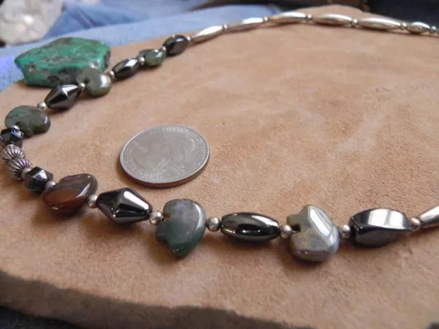 Green Jasper BEAR fetish, Hematite & Silver bead Necklace 18 1/2" Santo Domingo 3