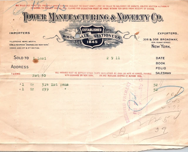 Tower Manufacturing & Novelty Co New York NY 1911 Billhead  Wholesale Stationers