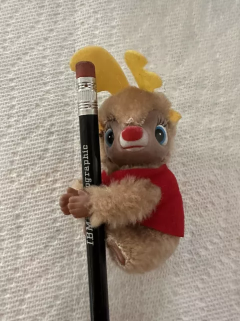 Vintage 1970-80s Rudolf Plastic Face Plush Xmas Clip-on Pencil Hugger Grabber