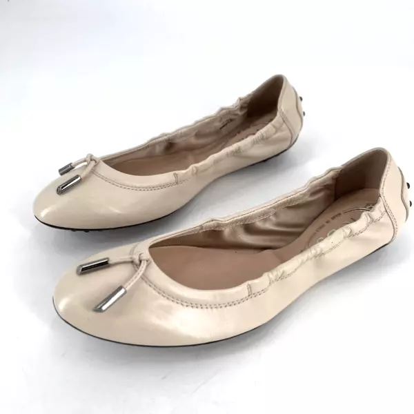 Tod's Women's Slip-On Round Toe Soft Leather Ballet Flats Shoes Beige Size 38.5