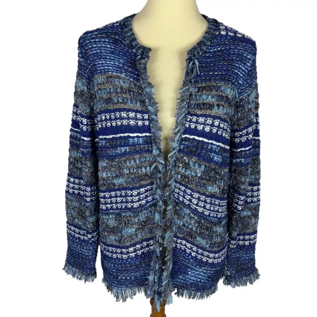 Chico’s Blue White Striped Fringe Boho Open Cardigan Sweater Women’s Large