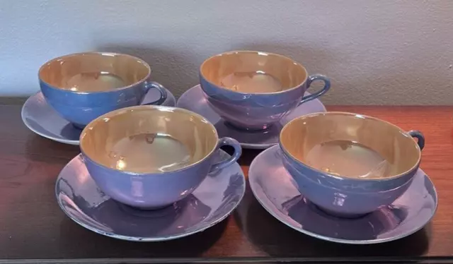 Vintage Blue & Gold Lusterware Japan Set of 4 Tea Cups & Saucers STUNNING