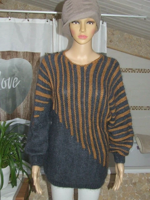 Pull Anny Blatt Tricoté Main Angora Noir - Taille 44, Manches Courtes, Parfait état