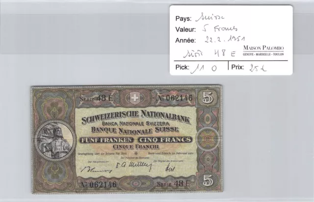 Switzerland 5 Francs - 22.2.1951 - Series 48 E - Pick 11 O