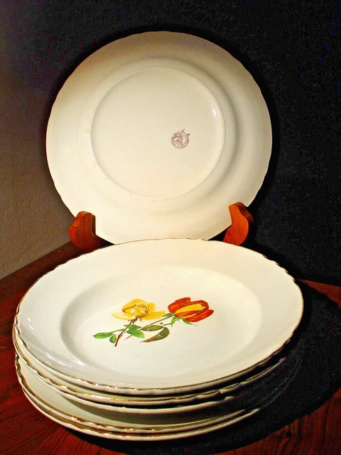 6 assiettes décor roses jaune rouge(3 plates 3 creuses) ORCHIES Moulin des loups