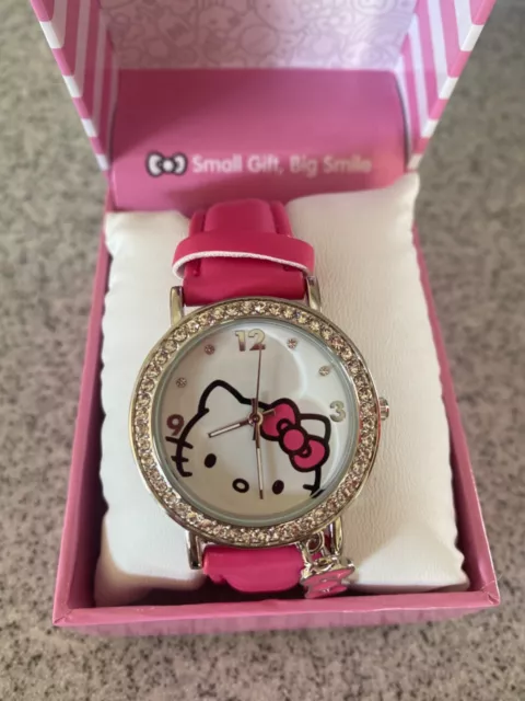 Hello Kitty Watch Silver Crystal Bezel Pink Bow Charm Leather Strap