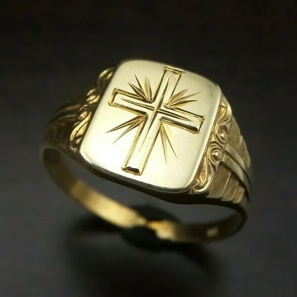 Elegant Antique Art Nouveau European Solid 14K Yellow Gold Christian Cross Ring