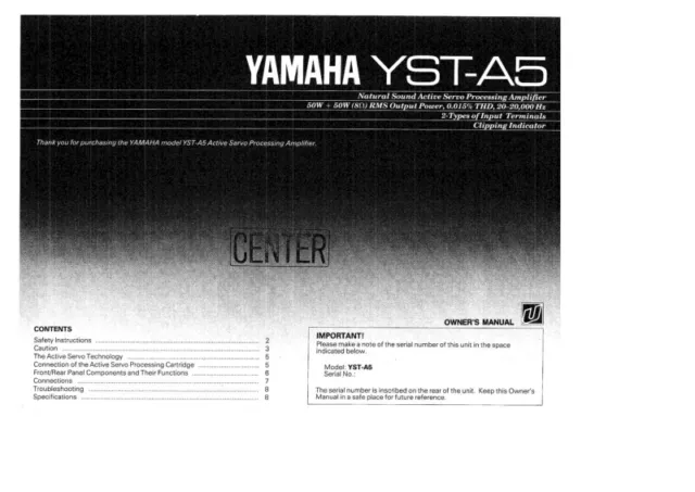 Yamaha YST-A5 Amplifier Owners Manual