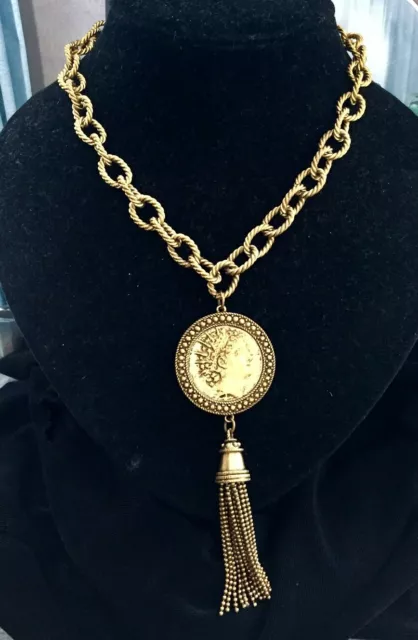 VTG Carolee Coin Tassel Necklace Gold tone Statement Designer Couture Signed EUC