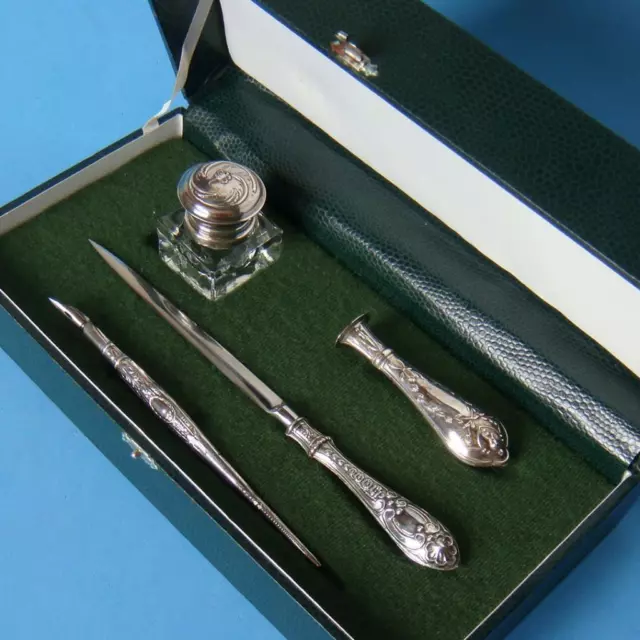 Vintage Sterling SILVER Inkwell & Dip Pen & Wax Seal Stamp & Opener Set in Case!