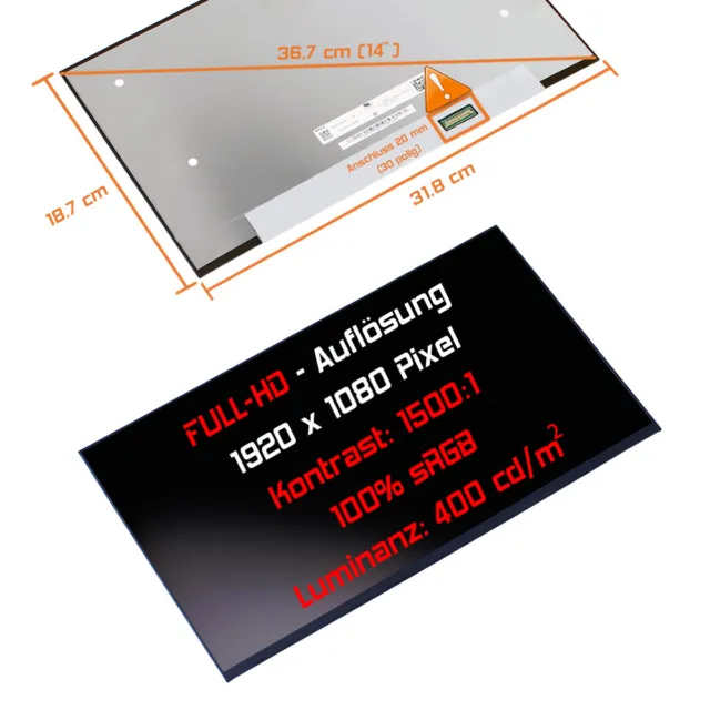 14" Full HD LED Ersatz Display matt für Dell DP/N WCDHX CN-0WCDHX 400 Nits