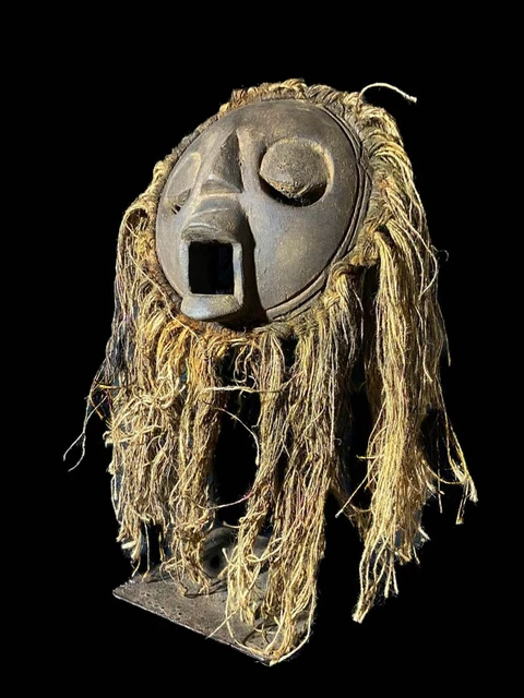 African Lega Mask Hand Carved Mask Bwami Society Raffia Congo African-6699 2