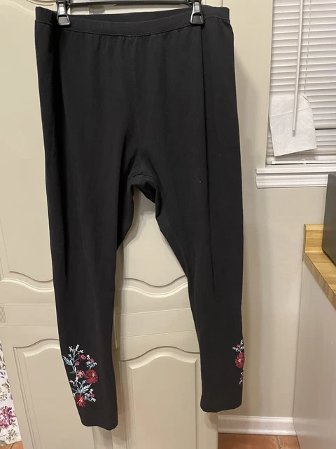 Woman Within Embroidered Lounge Pants Pull On Knit Stretch Black Size 1X