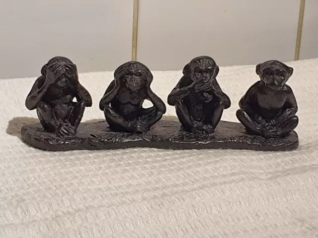 Three Wise Monkeys + 1 Antique Vintage Carved Resin Ebony Ebonised Statues Rare