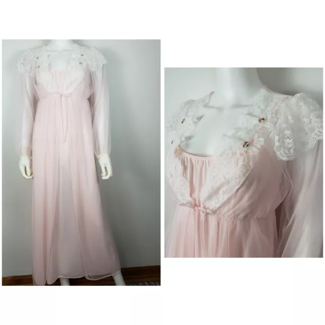 Vtg 70's Sheer Pink Peignoir Set Long Robe Nightgown Negligee Lace ILGWU Size M