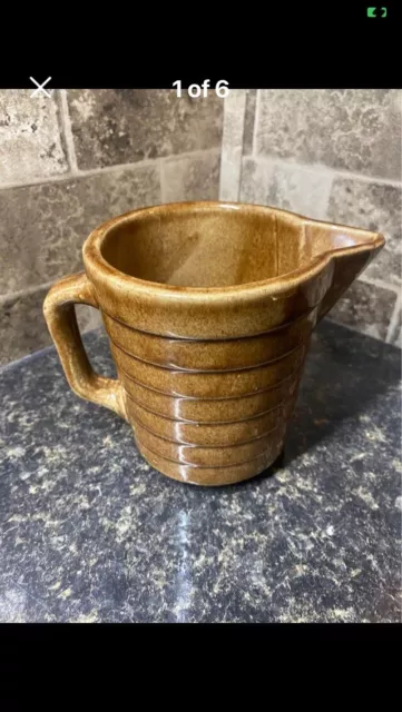 Vintage Monmouth Pottery Dark Brown Glaze Ribbed Water Milk Batter Pitcher USA