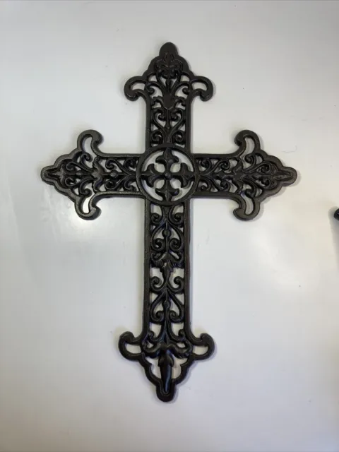 Vintage Cast Iron Wall Cross 12.5” x 17.5” Black Ornate Religious Wall Hanging