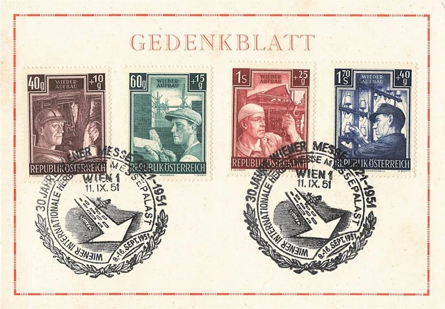 377620) Österreich Stempelkarte Wiener Messe 1951 mit Nr.960-963 Wiederaufbau