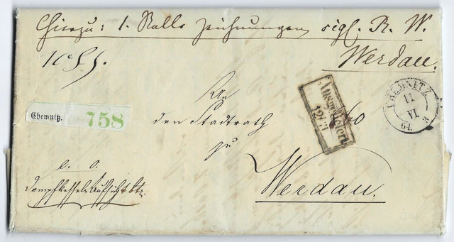 SACHSEN 1864 _ K2 CHEMNITZ _ 7-seitig.Paketbegleitbrief von Chemnitz nach Werdau