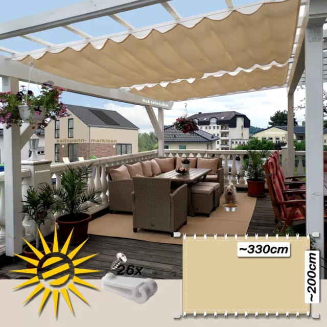 Seilspannmarkise sand ca. 330x200 cm Pergola Komplett mit 26 Laufhaken UV Schutz