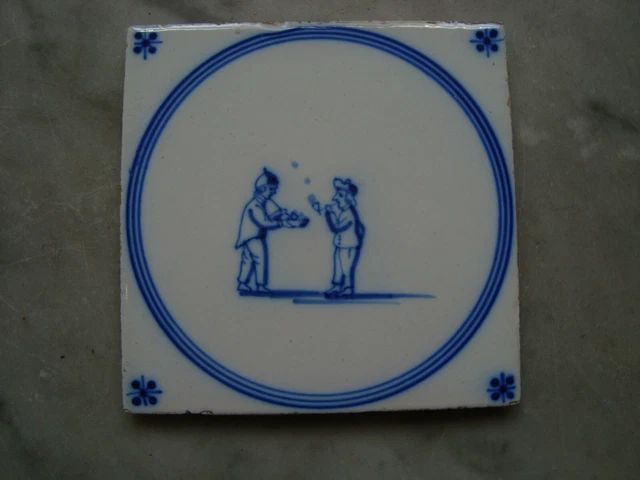 19th century delft handpainted dutch delftware tile smoking, blowing bubbles