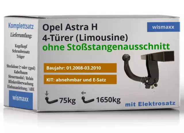 ANHÄNGERKUPPLUNG abnehmbar für Opel Astra H 4Tür 08-10 +13pol E-Satz Erich J