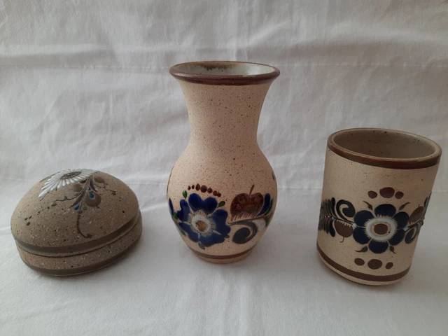 3 Signed Pieces Mexico Art Pottery Trinket Box Vase Cup Tonala Gardiel JC Mex