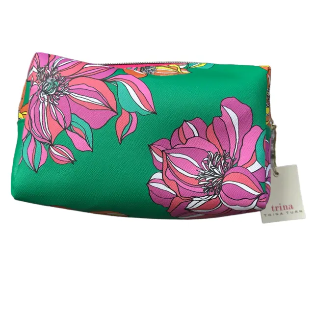 TRINA TURK Green Pink Floral Zip Cosmetic Toiletry Makeup Travel Bag Case