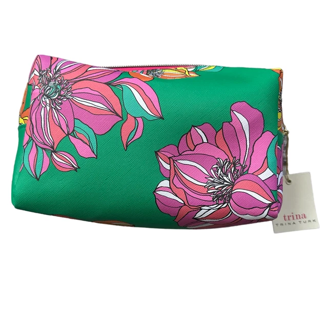 TRINA TURK Green Pink Floral Zip Cosmetic Toiletry Makeup Travel Bag Case