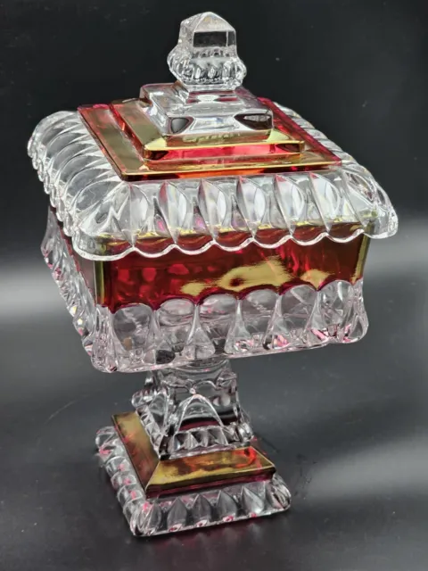 Westmoreland Vtg Clear Ruby Red Flash Glass Pedestal Candy Dish Lid 9.5” Glows