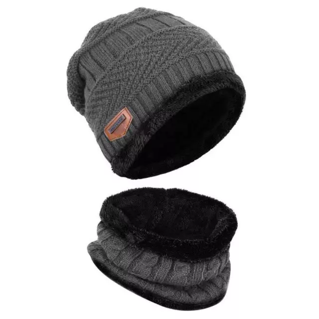 Bonnet Chaud Tricot +Tour de cou doublure Polaire ultra doux Hiver homme - 2 pcs 2