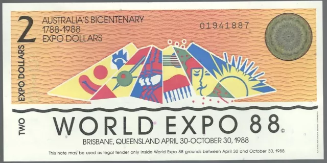 Banknote Australien - World EXPO -  2 Dollar - 1988 - unc - selten !!!