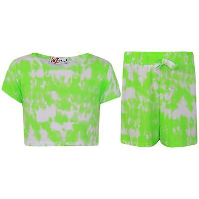 Kids Girls Crop Top & Shorts Tie Dye Neon Green Fashion Summer Outfit Short Sets